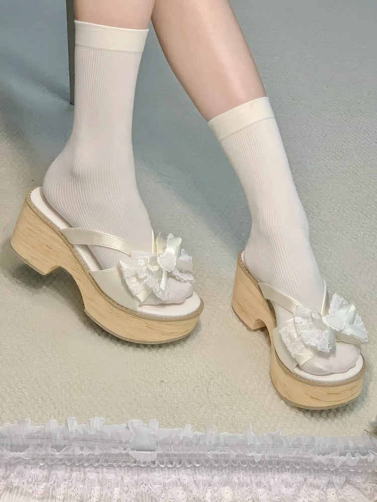 Top Platform Heart - Accent Slippers Bow Off-white Grain Wood with Lolita