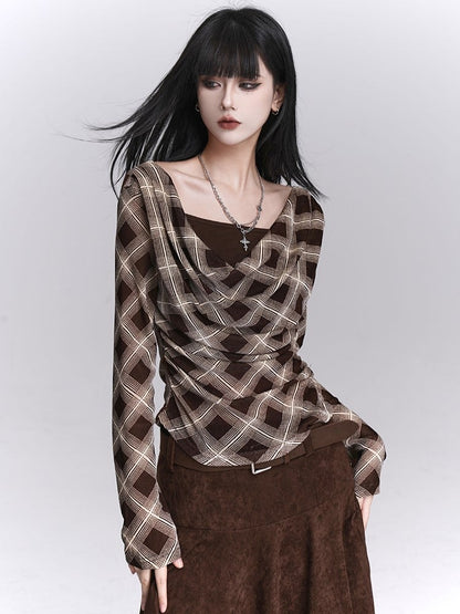 Plaid Cowl Two-Piece Neck Faux Coffee for with Top Autumn Early