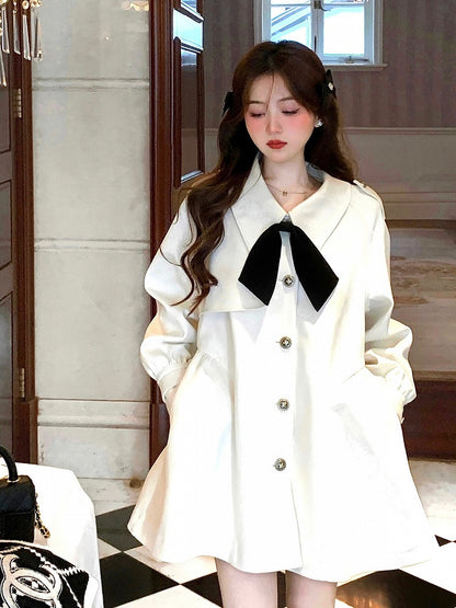 Apricot V-Neck Bow Design Coat with Belt Set - Qchiwawameme