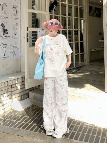 Long/Short Version Adorable Kitty Print Creamy White Round Neck T-Shirt