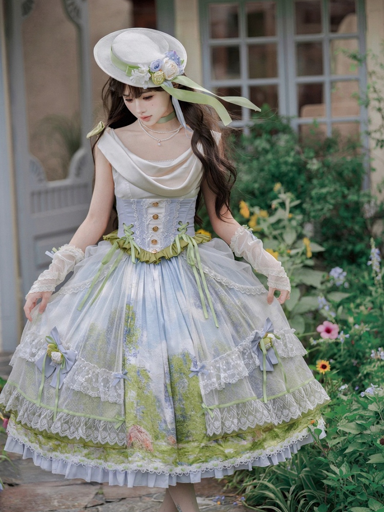 Art Print Skirt Classic Lolita Cowl Neck JSK Dress with Removable Overlay - Moonlight Dream