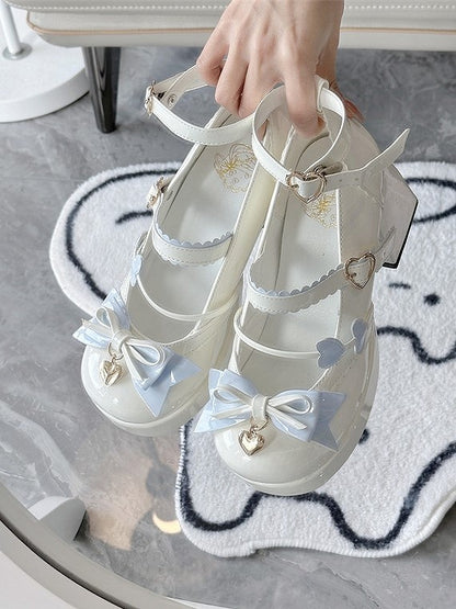 and - Elegant Round Details Lolita High-heel Shoes Blue Toe Bow White
