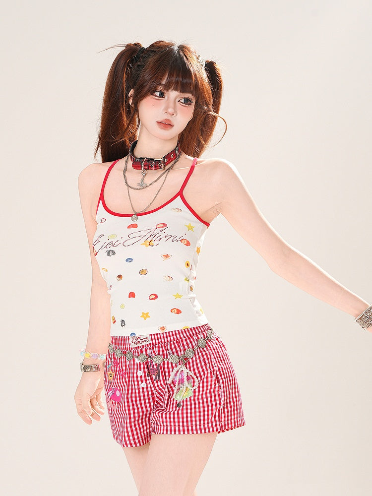 ホワイトのキュートなスリムフィットプリントキャミソールトップス、コントラストレッドトリム