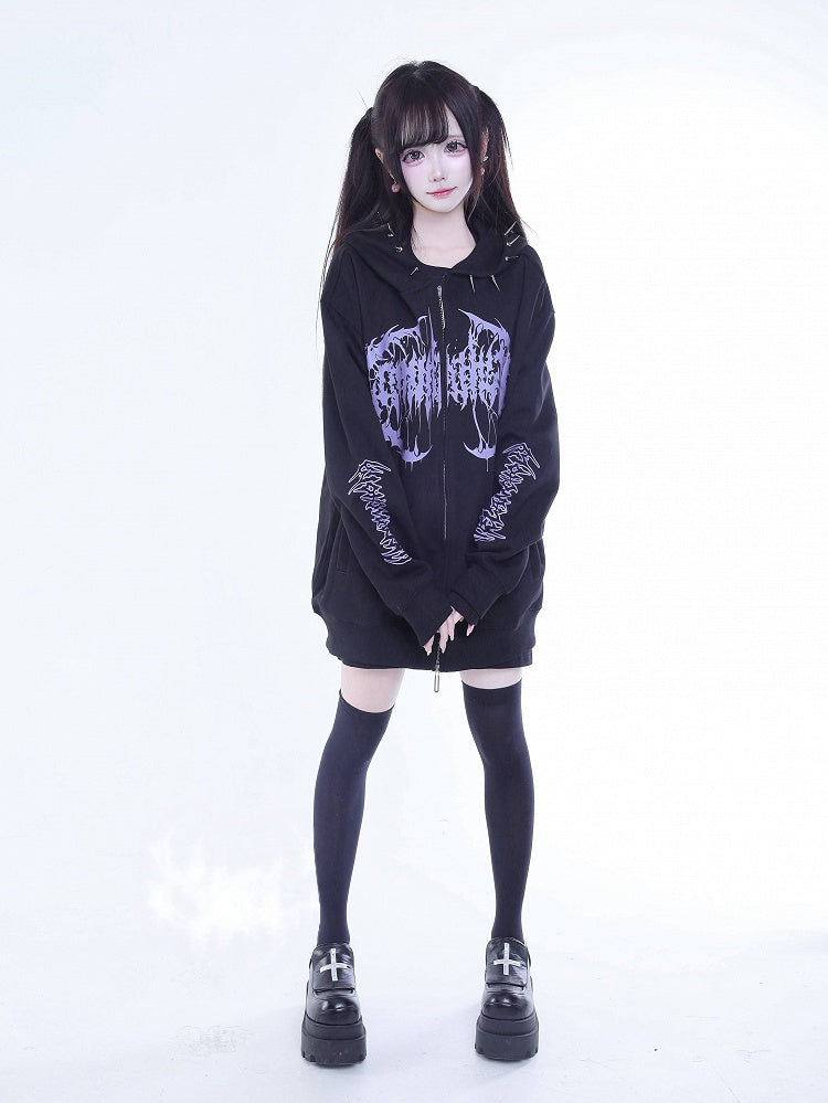 Zip Jirai Hoodie Rivet-Decorated Purple Kei Black Printed