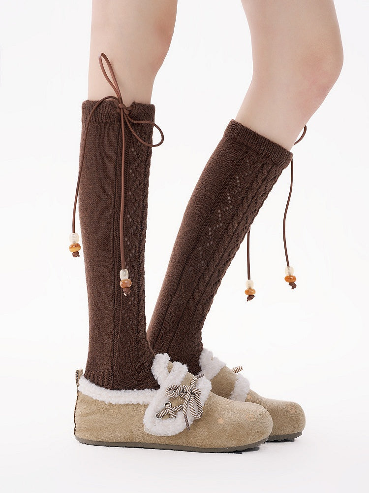 Detail with Bow Socks Knit 5-Color Bead Calf Pointelle