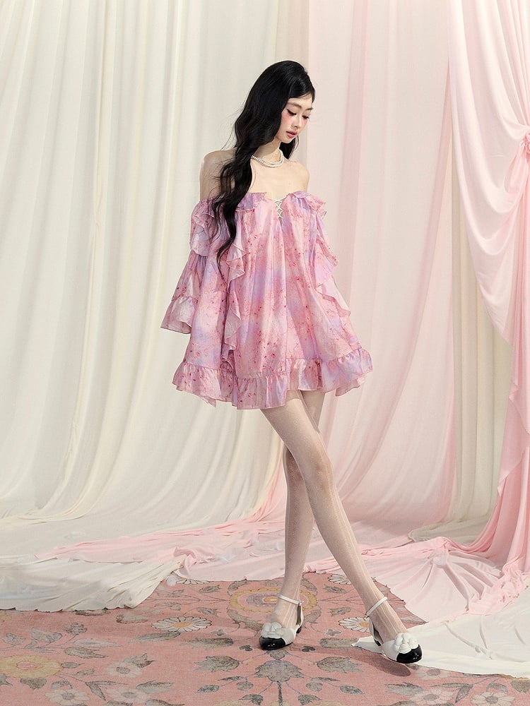 Pink Off-the-Shoulder Bell Sleeves Cascading Ruffle Dress Accents Floral Mini