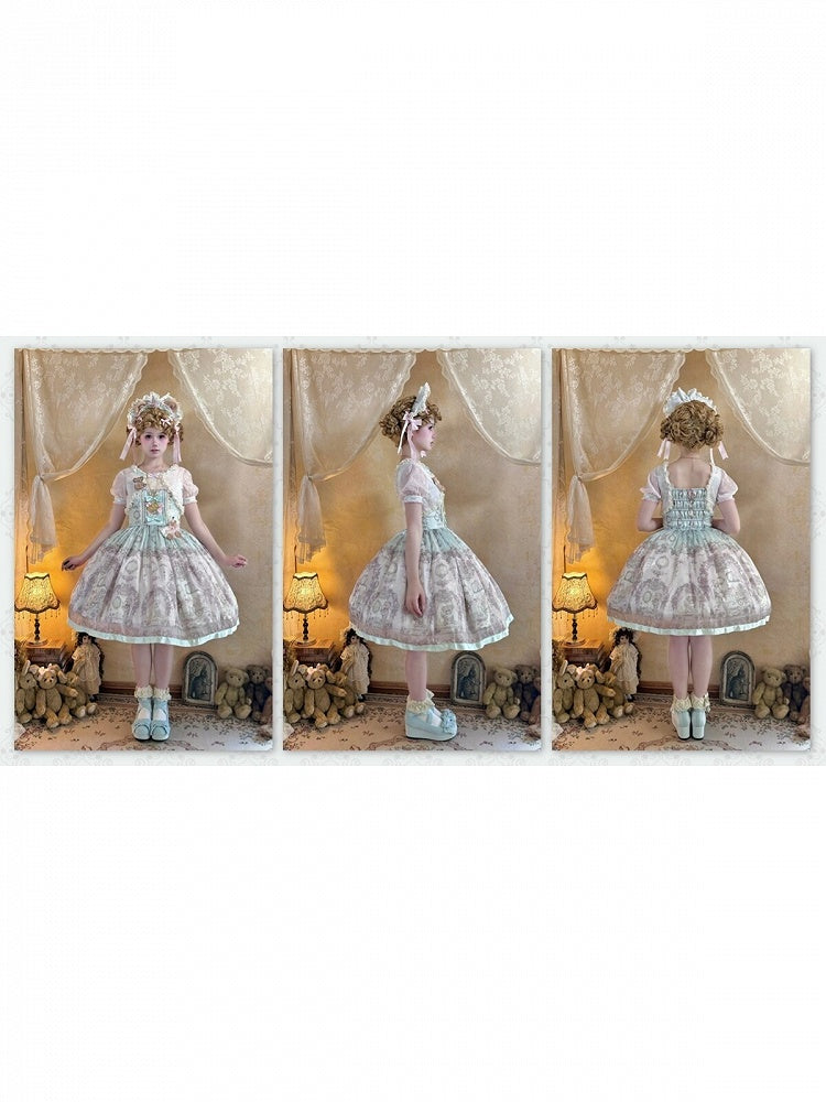 Rose & Mint Short Sleeve OP Gown with Bear Motif - Lunethe