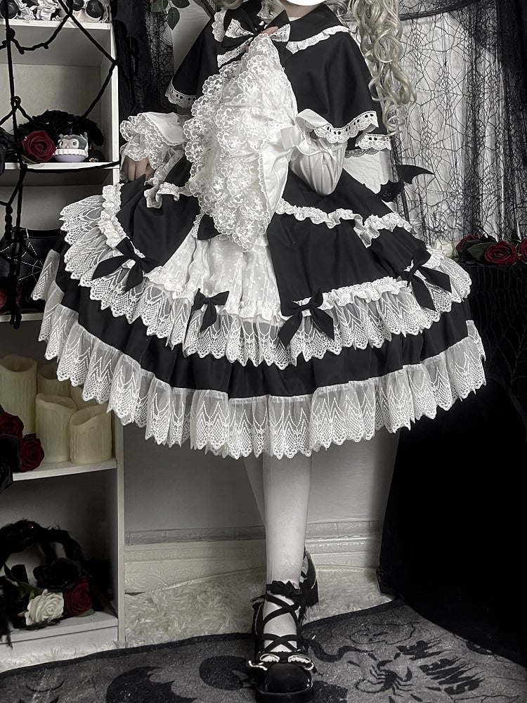 Schwarz-weißes Old School Lolita Fashion Kleid Bowknot Lolita JSK Set