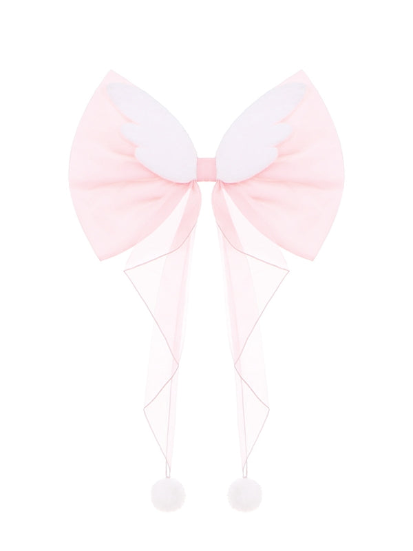 White Plush Angel Wings Pink Organza Big Bow Train
