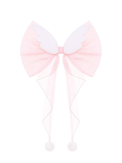 White Plush Angel Wings Pink Organza Big Bow Train