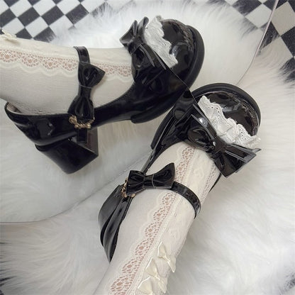 with Trim Details Bow Heel Mary Janes Lace Toe Round Black Low/Mid Lolita - Sweet