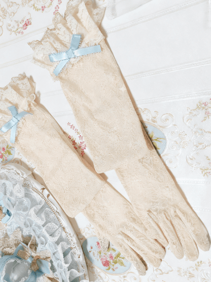 Gants Lolita Beige Floral Doux Motif Dentelle Bleue