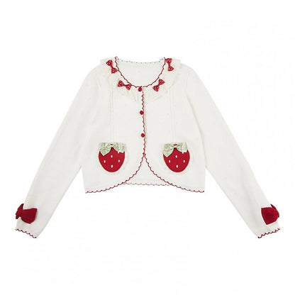 ホワイトの長袖ストロベリーアップリケカーディガン
