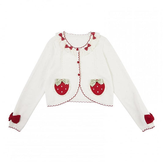 ホワイトの長袖ストロベリーアップリケカーディガン