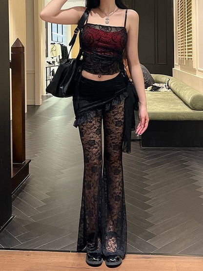 Flare Gothic Black Set: Halloween Floral Draped Embroidered Skirt Pants + with Asymmetrical Tie
