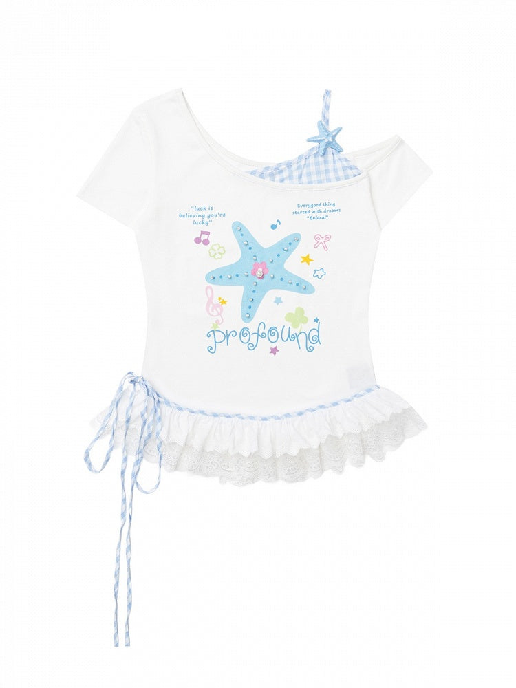 Blue Starfish Print Off-Shoulder Tee with Lace Hem - CRAZY GIRL
