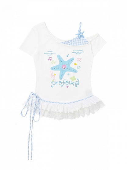 Blue Starfish Print Off-Shoulder Tee with Lace Hem - CRAZY GIRL