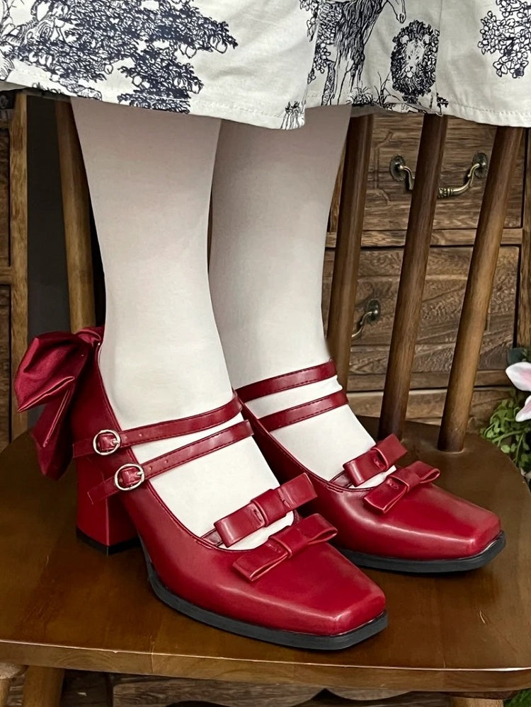 Square Lolita Block Buckles Heels Red Dual Elegant Bow High - Wine 6.5cm Toe Accents