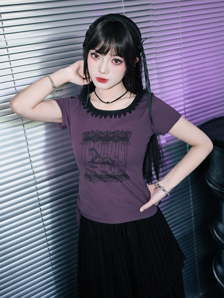 Purple Cotton Short Sleeve Square-Neck Tee with Carousel Print and Drawstring - Quirky Hut