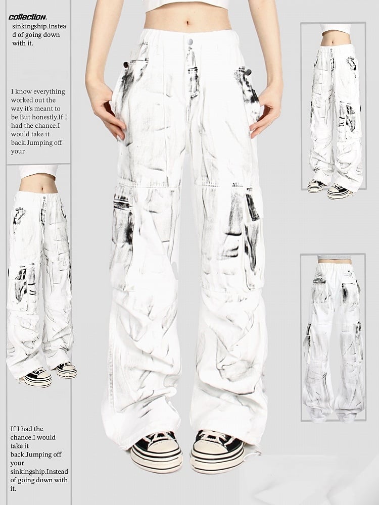 Vintage White Splatter Tie-Dye Loose Fit Cargo Jeans with Drawstring Waist