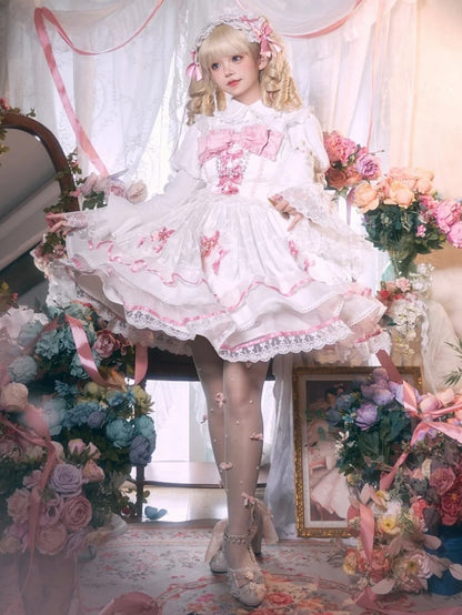 White and Pink Bowknot Details Tiered Skirt Sweet Lolita Dress Jumper Skirt