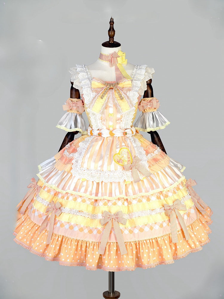 JSK Accents Tiered Sweet Persimmon Bow Lolita Full Cake Orange Set Skirt