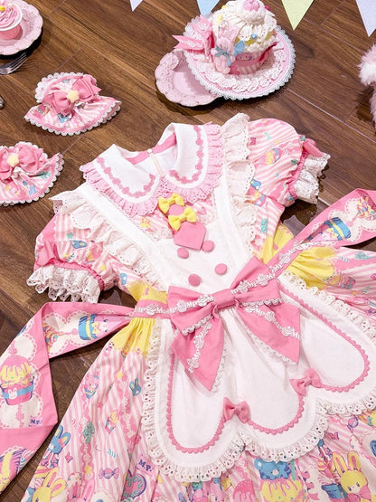 and Dress Print Maid Peter Pan Yellow Lolita Pink Bunny Cupcake Collar