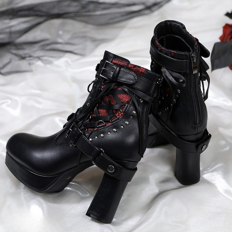 Gothic Lacing Crisscross Studded System PU Dual Black Fastening Boots Details - with High-heel Ankle