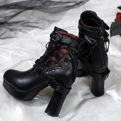 Gothic Lacing Crisscross Studded System PU Dual Black Fastening Boots Details - with High-heel Ankle