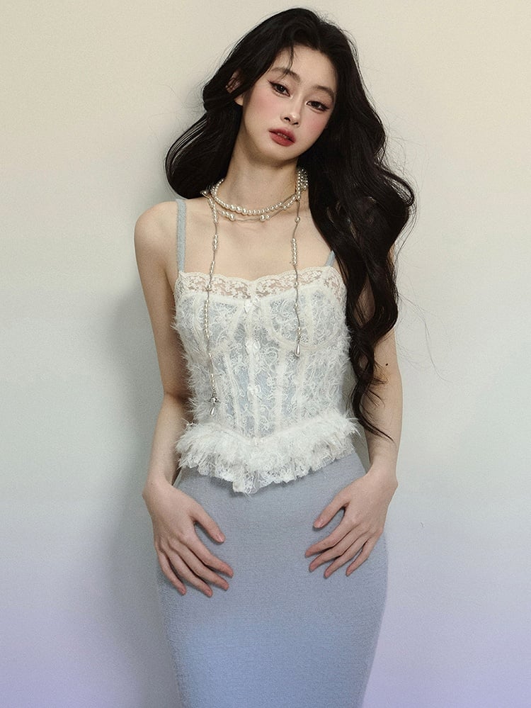 ブルークロシェレースコルセットボディスレースパッチワークマーメイドスカートマキシドレス