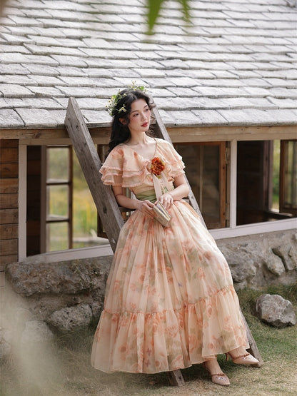 Orange Pink Vintage Floral Print Tiered Shawl Collar Dress