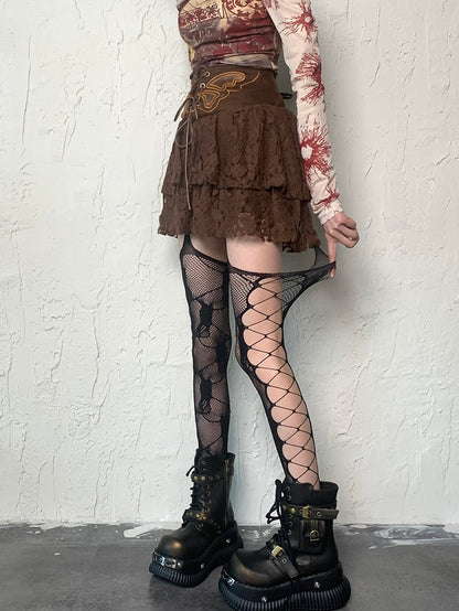 Design Strapsstrümpfe Details Schwarz/Weiß/Rosa/Rot/Grau Cut-out Netz