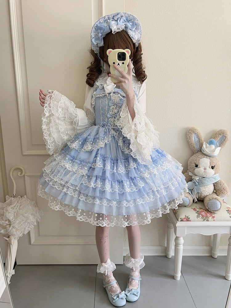JSK Bow Sweet Fresh Blue Lace Princess with Dress Multi-Layer Details Trim Bead