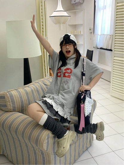 Tiered Hem with Dress Hoodie Number Ruffle Zip-Up Print Gray