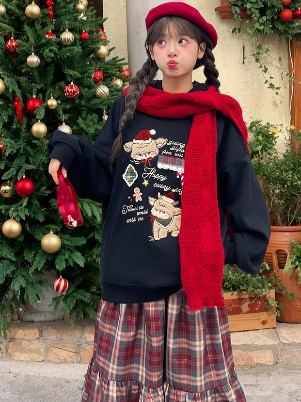 Black Cute Reindeer Appliques Thick Hoodie