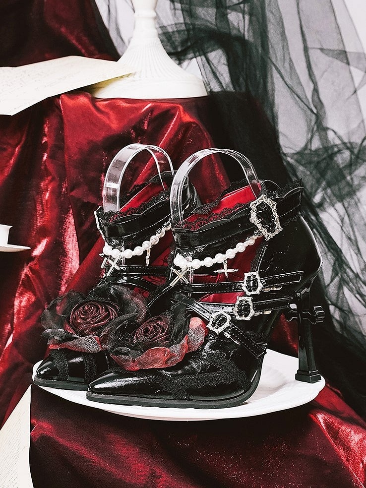 Gothic Black Pointed Toe Heels with Cross Heels, Beaded Strap & Rose Shoe Clips