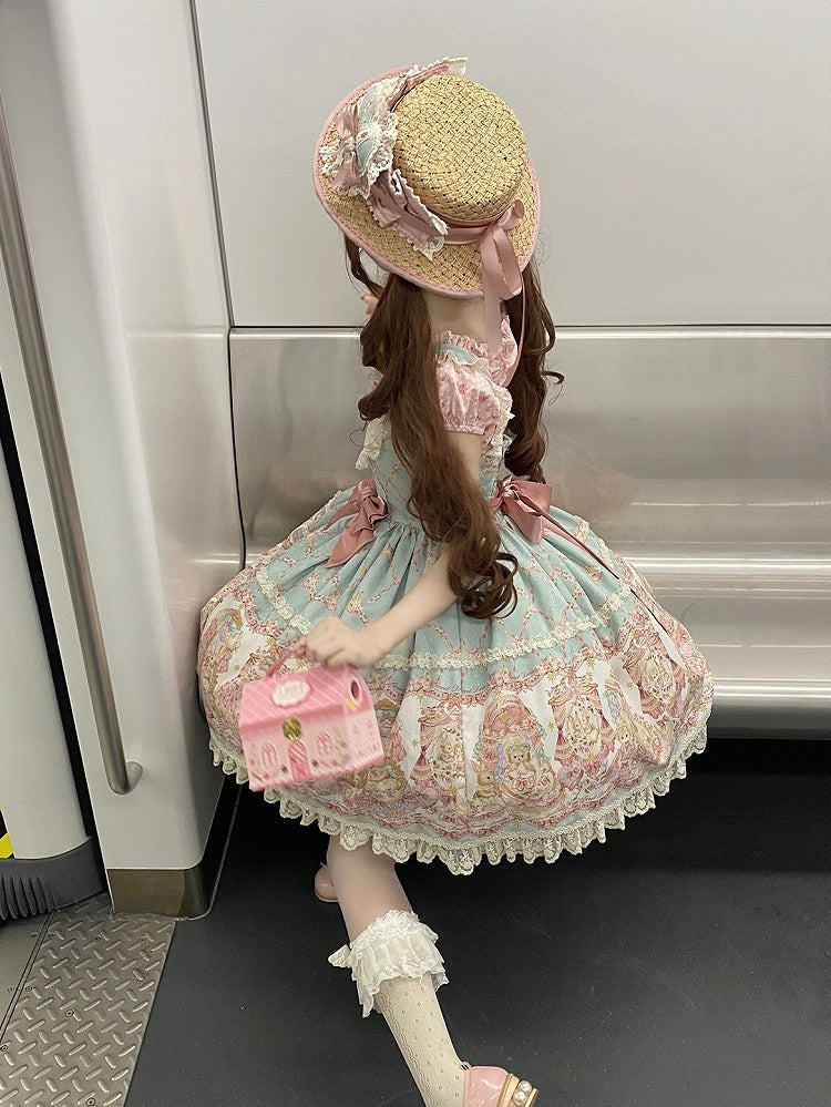 Doll Theme JSK Dress in Blue & Pink with Bow Accents, Lolita Style - Alice Girl
