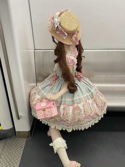 Doll Theme JSK Dress in Blue & Pink with Bow Accents, Lolita Style - Alice Girl