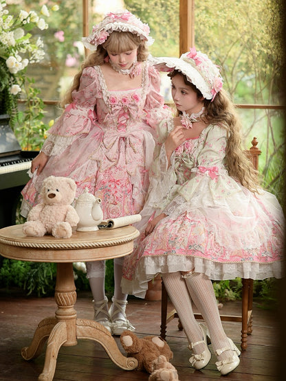 Rosafarbenes Lolita-Kleid mit Rosettendruck, inspiriert von der Rokoko-Mode, quadratischer Ausschnitt, Glockenärmel, OP/komplettes Set