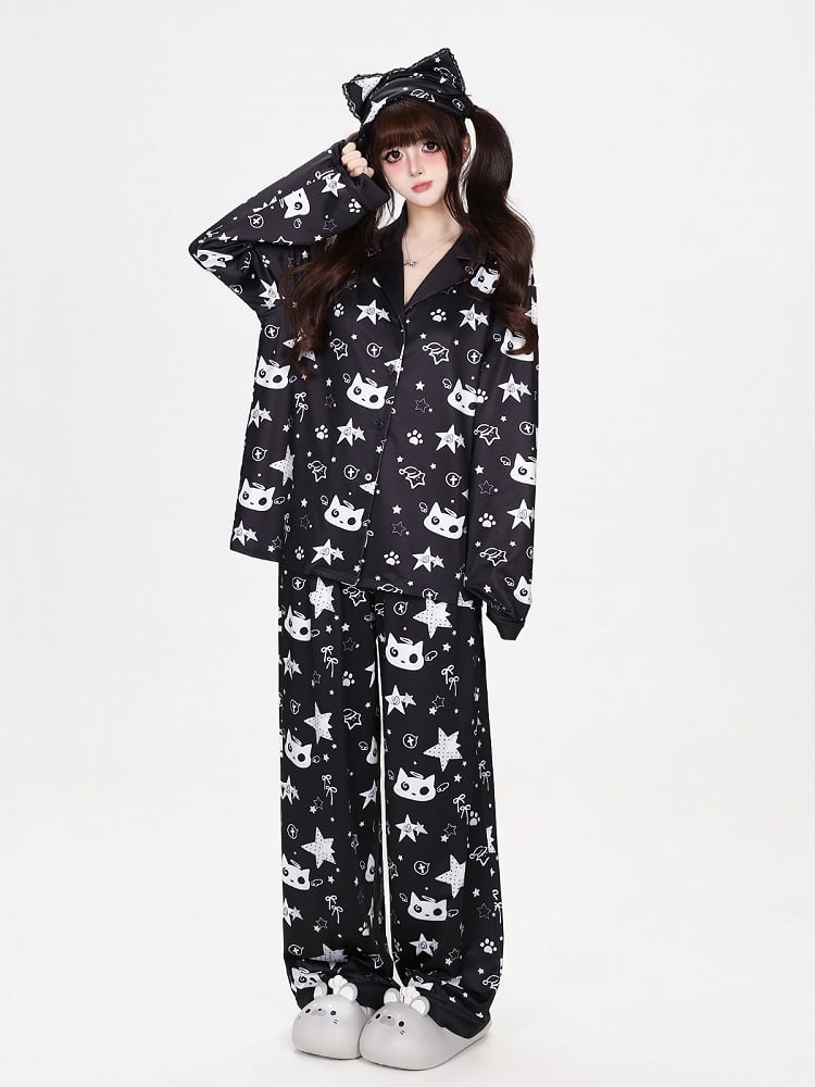 Kawaii Kitty and Star Print Two-Piece Loungewear Set in Black - CRAZY GIRL