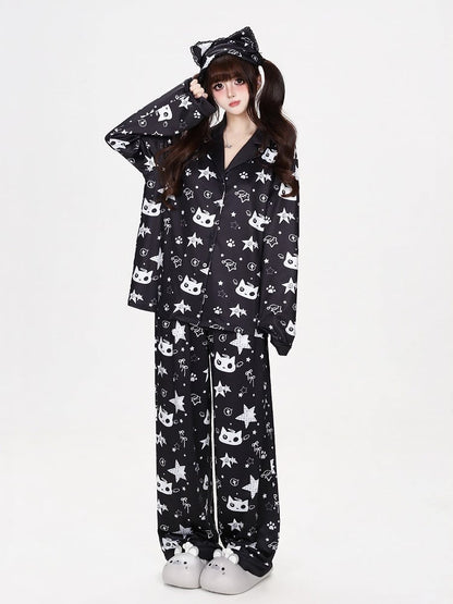 Kawaii Kitty and Star Print Two-Piece Loungewear Set in Black - CRAZY GIRL