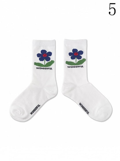 Kitty/Puppy/Bear Pattern Print Colorful Calf Socks Striped 9 Options