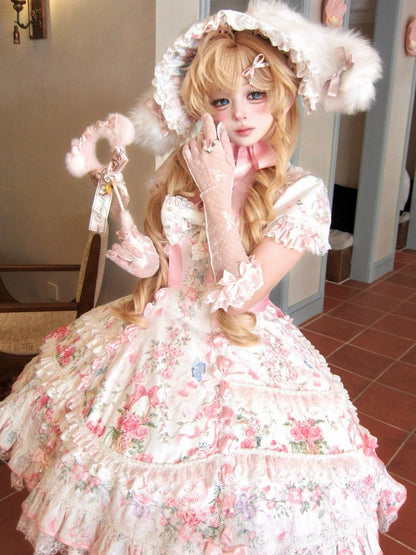 Sweet Floral Old-School OP Dress with Puff Sleeves & Tiered Skirt - Cat Magician