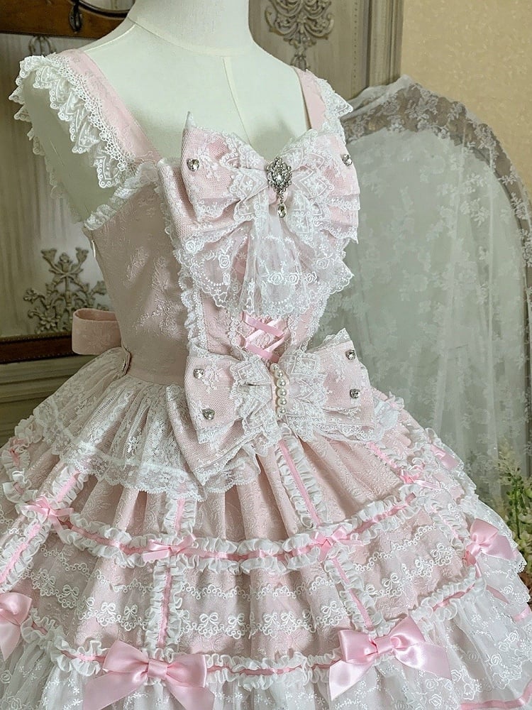Kleid und Taillen-Lagenpullover abnehmbar mit Hanayome Pink Bows Ausschnitt Rock Lolita Hime auf