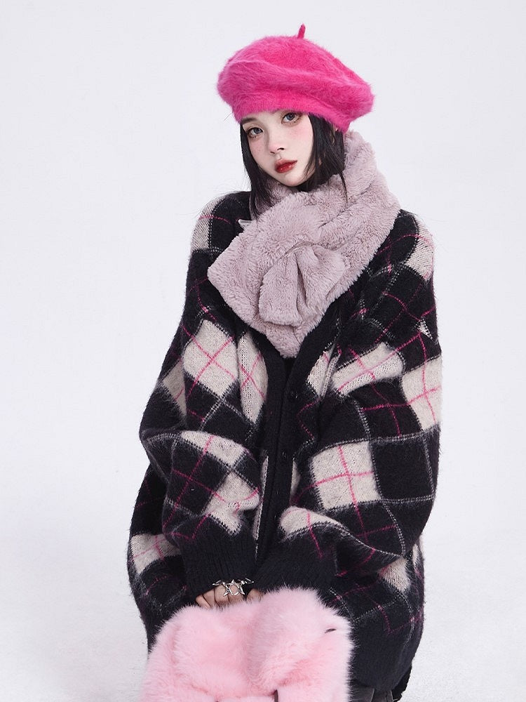 Mink Black Faux Diamond V-Neck Vintage Knit/Brushed Pattern Version Cardigan