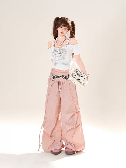アクセサリー ピンク/グレー ドローストリング ワイドレッグパンツ ウエスト付き