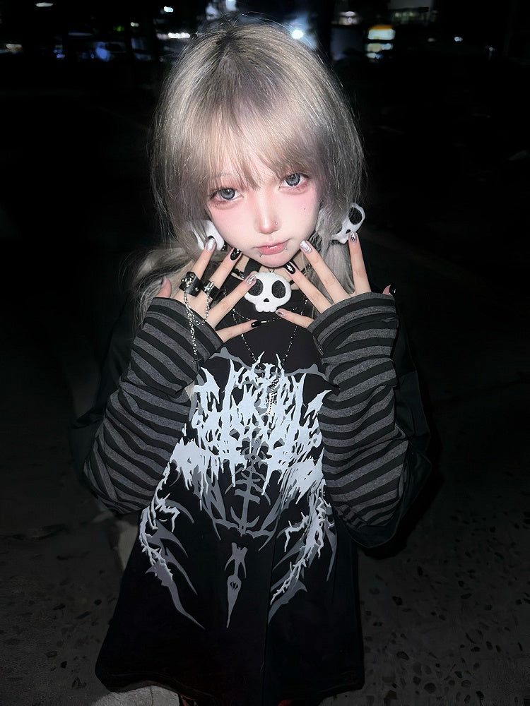 and Dark Top Sleeves Print Faux Gothic Black Two-Piece Striped Fantasy with