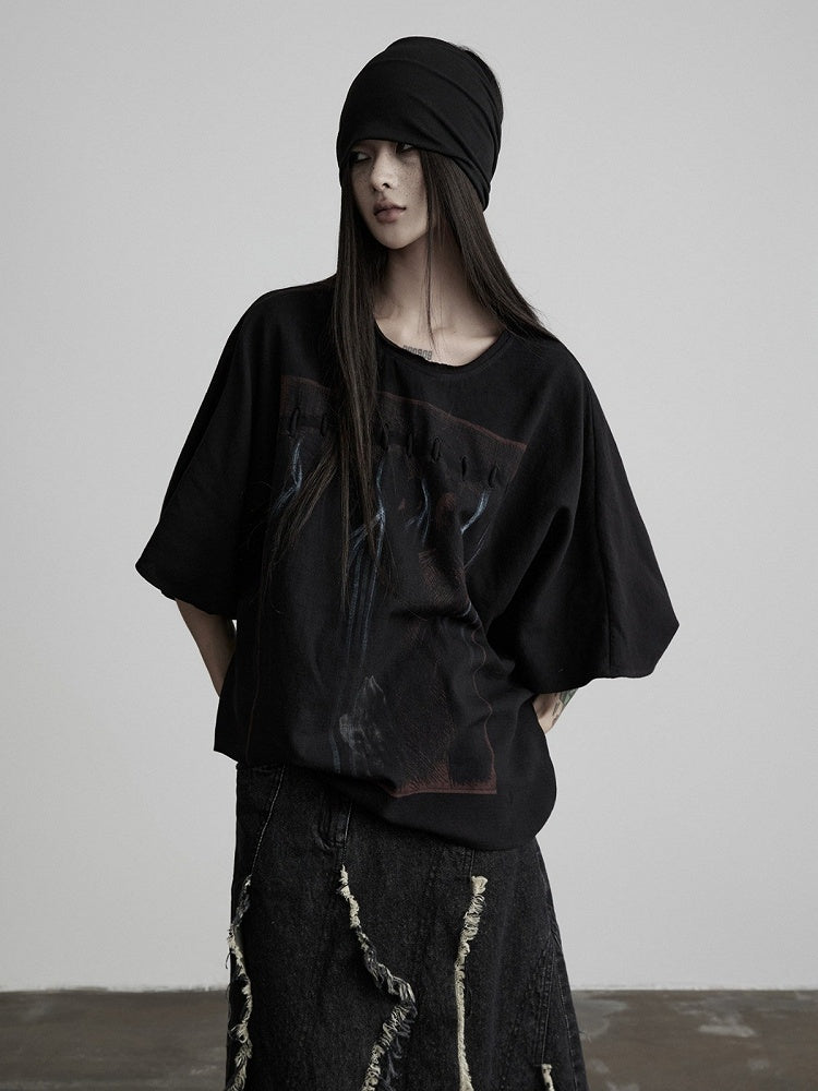 Batwing Black Tee with Gothic Prints - INDULGE