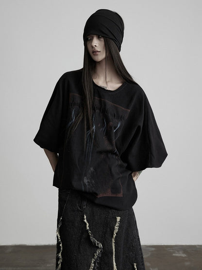 Batwing Black Tee with Gothic Prints - INDULGE