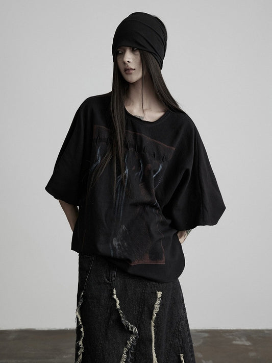 Batwing Black Tee with Gothic Prints - INDULGE